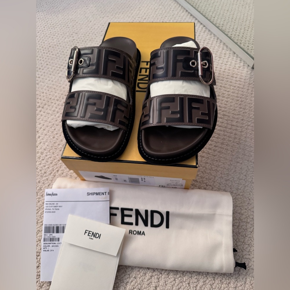 *SOLD*Fendi Ff brown and black forever sandals Birkenstock logo leather size 6.5